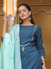 Teal Embroidered Straight Kurta With Palazzo And Dupatta