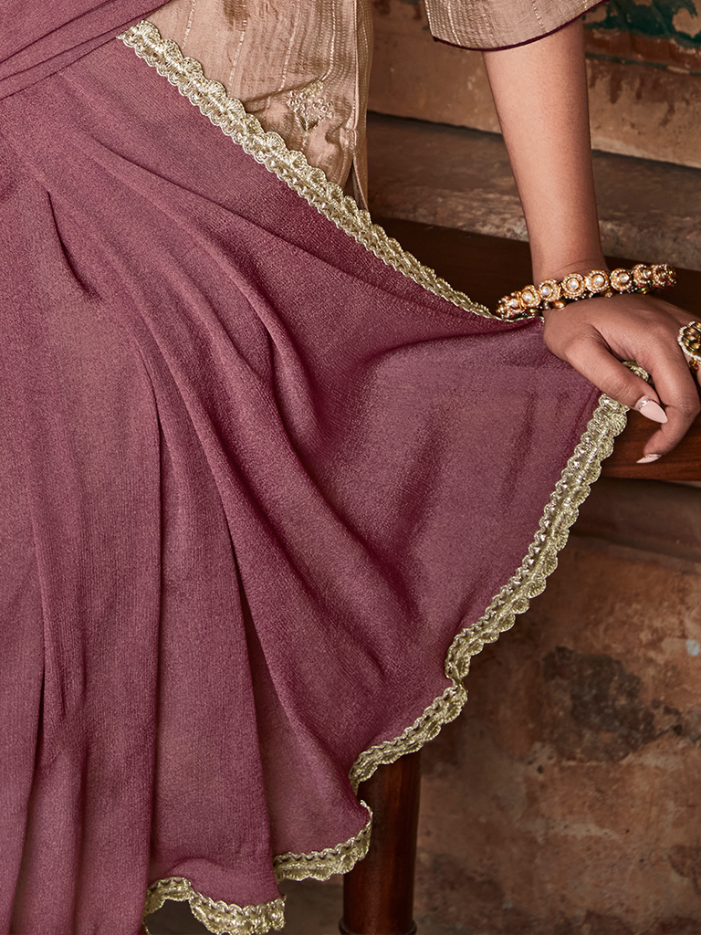 Beige Straight Zardozi Embroided Kurta With Palazzo And Chinon Embroidered Dupatta