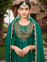 Green Straight Zardozi Work Kurta With Sharara And Organza Dupatta