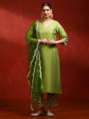Solid Embroidered Straight Kurta & Trousers Sets