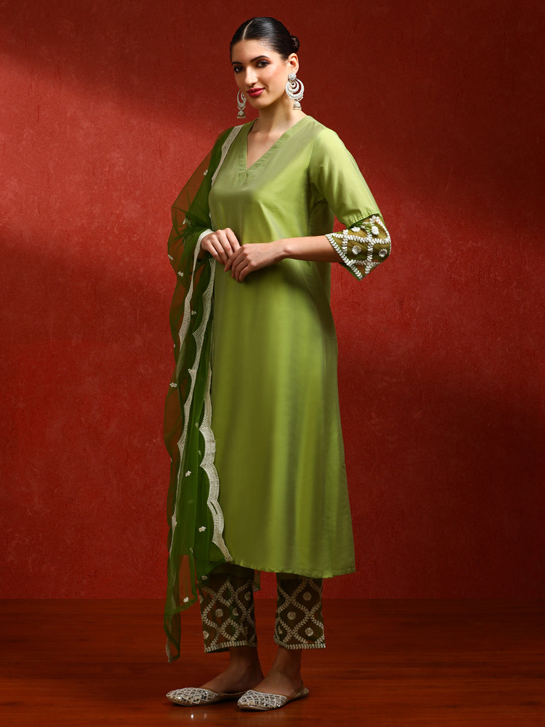 Solid Embroidered Straight Kurta & Trousers Sets