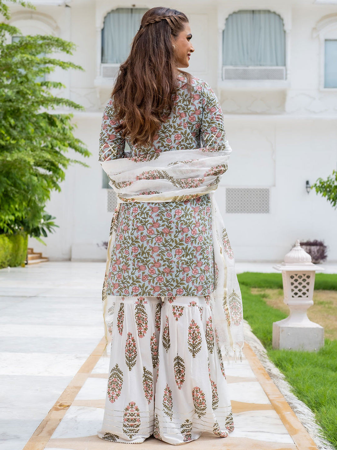 Light Blue Ethnic Print Cotton Short Kurta With Sharara & Dupatta