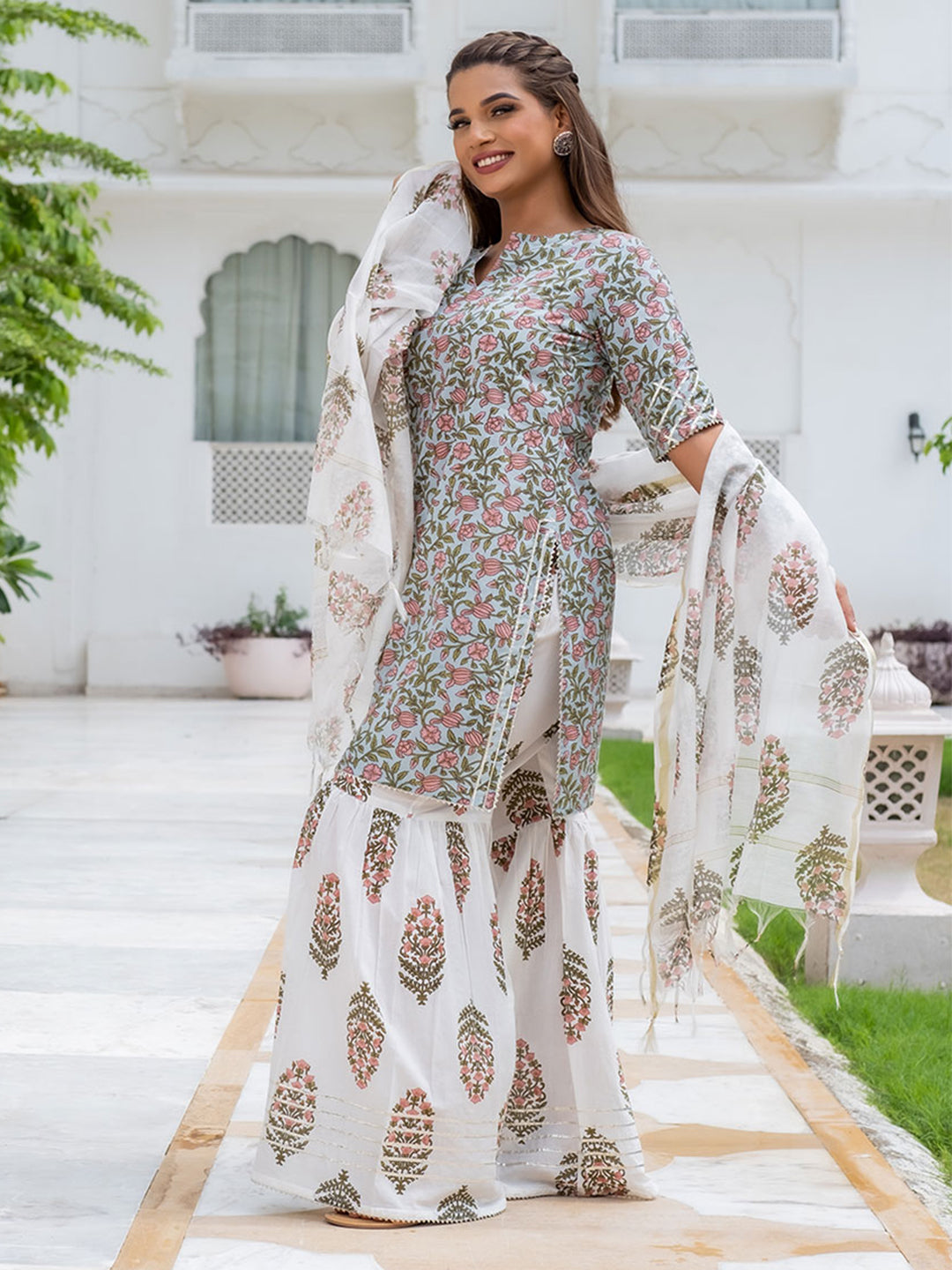 Light Blue Ethnic Print Cotton Short Kurta With Sharara & Dupatta