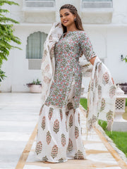 Light Blue Ethnic Print Cotton Short Kurta With Sharara & Dupatta