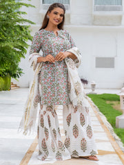 Light Blue Ethnic Print Cotton Short Kurta With Sharara & Dupatta