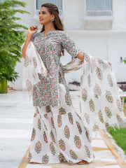 Light Blue Ethnic Print Cotton Short Kurta With Sharara & Dupatta