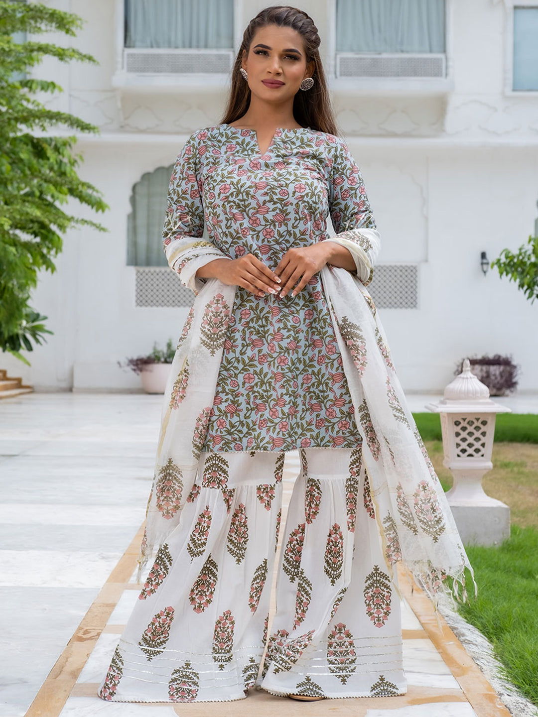 Light Blue Ethnic Print Cotton Short Kurta With Sharara & Dupatta