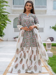 Light Blue Ethnic Print Cotton Short Kurta With Sharara & Dupatta