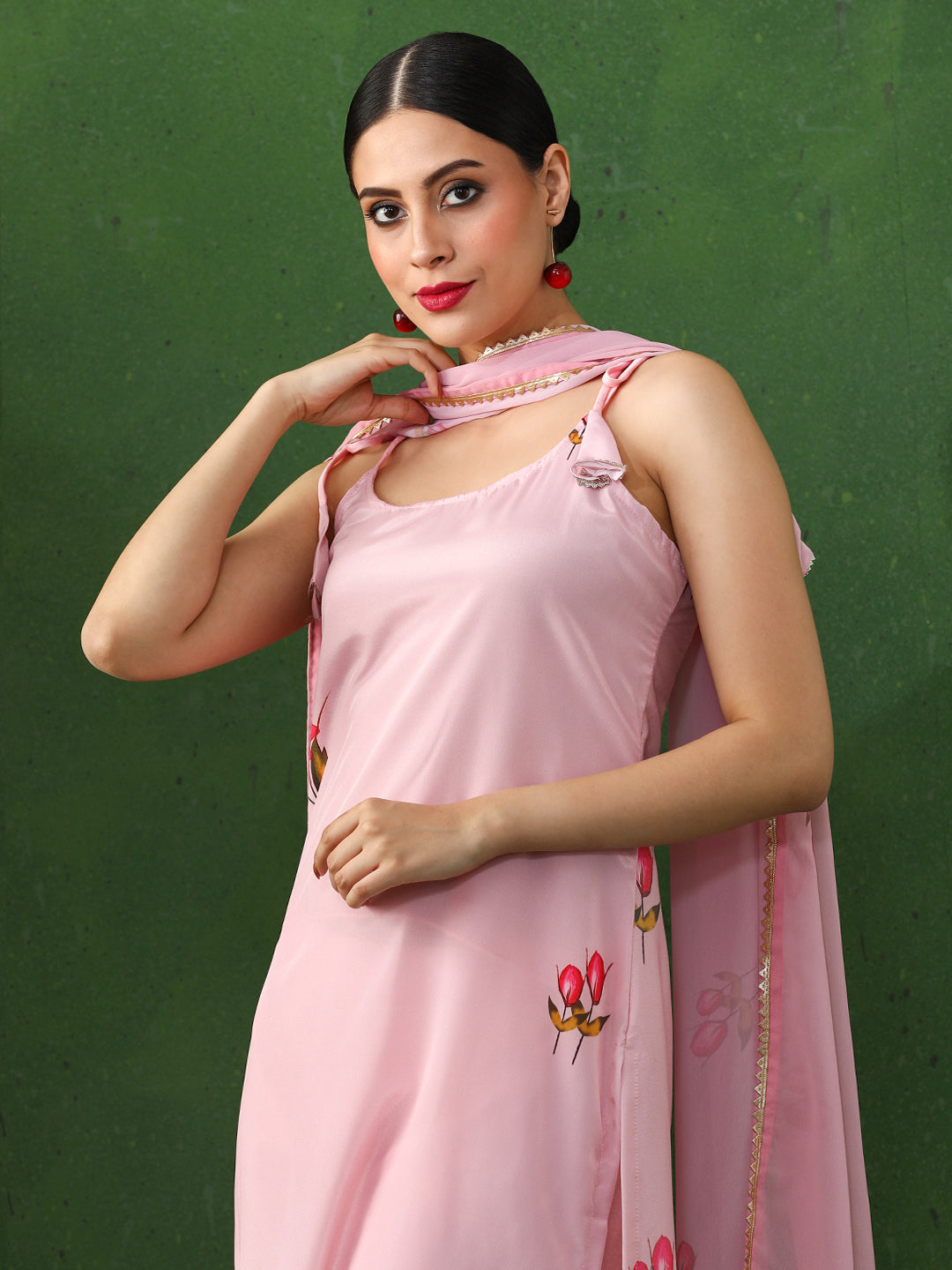 Floral Printed Straight Silk Crepe Kurta & Trousers Sets