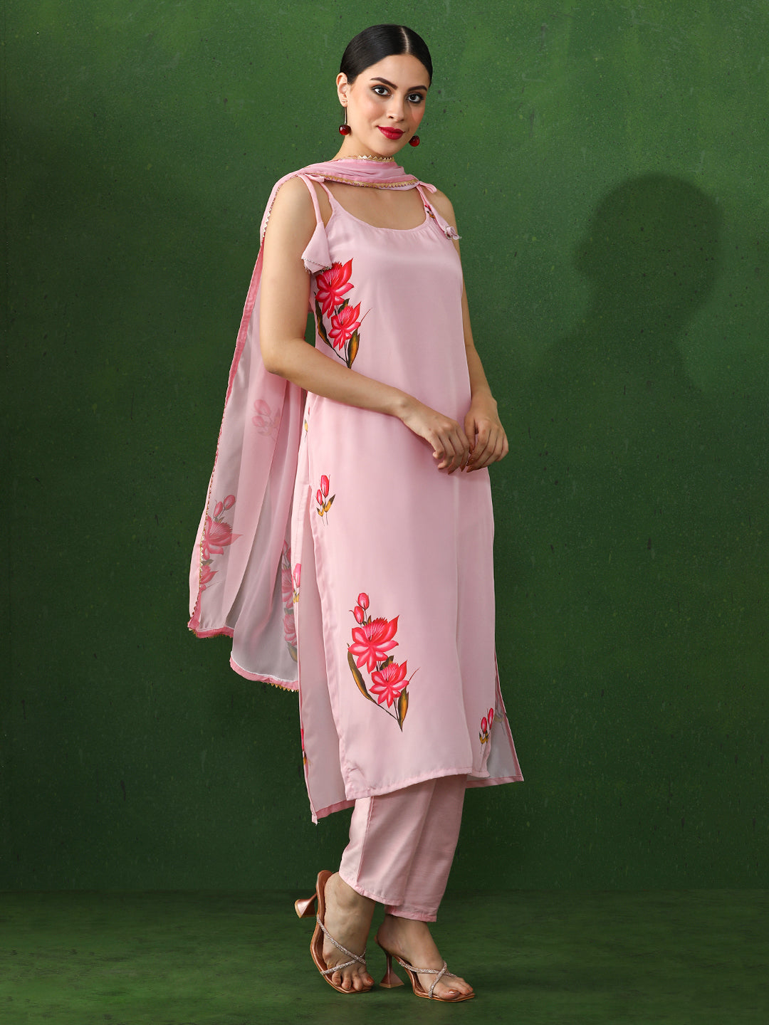 Floral Printed Straight Silk Crepe Kurta & Trousers Sets