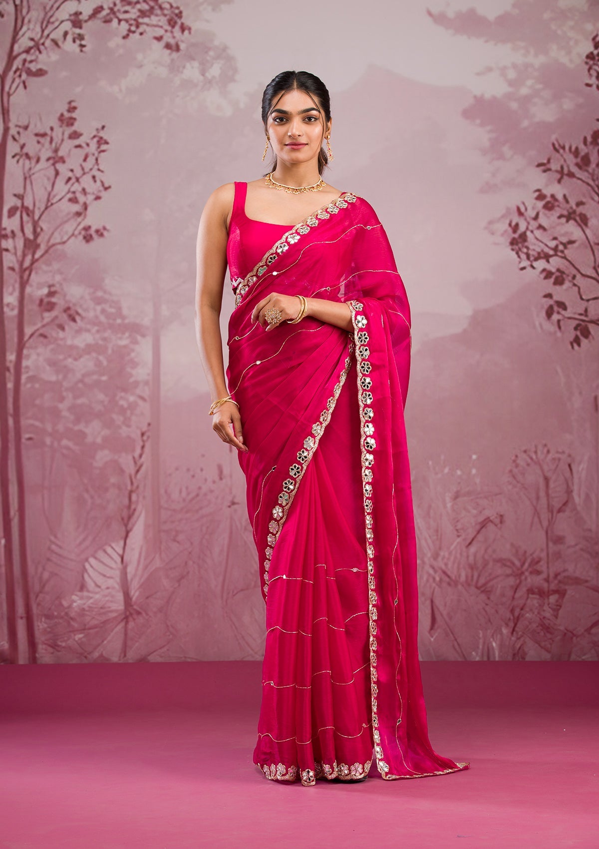 Rani Pink Mirrorwork Georgette Saree