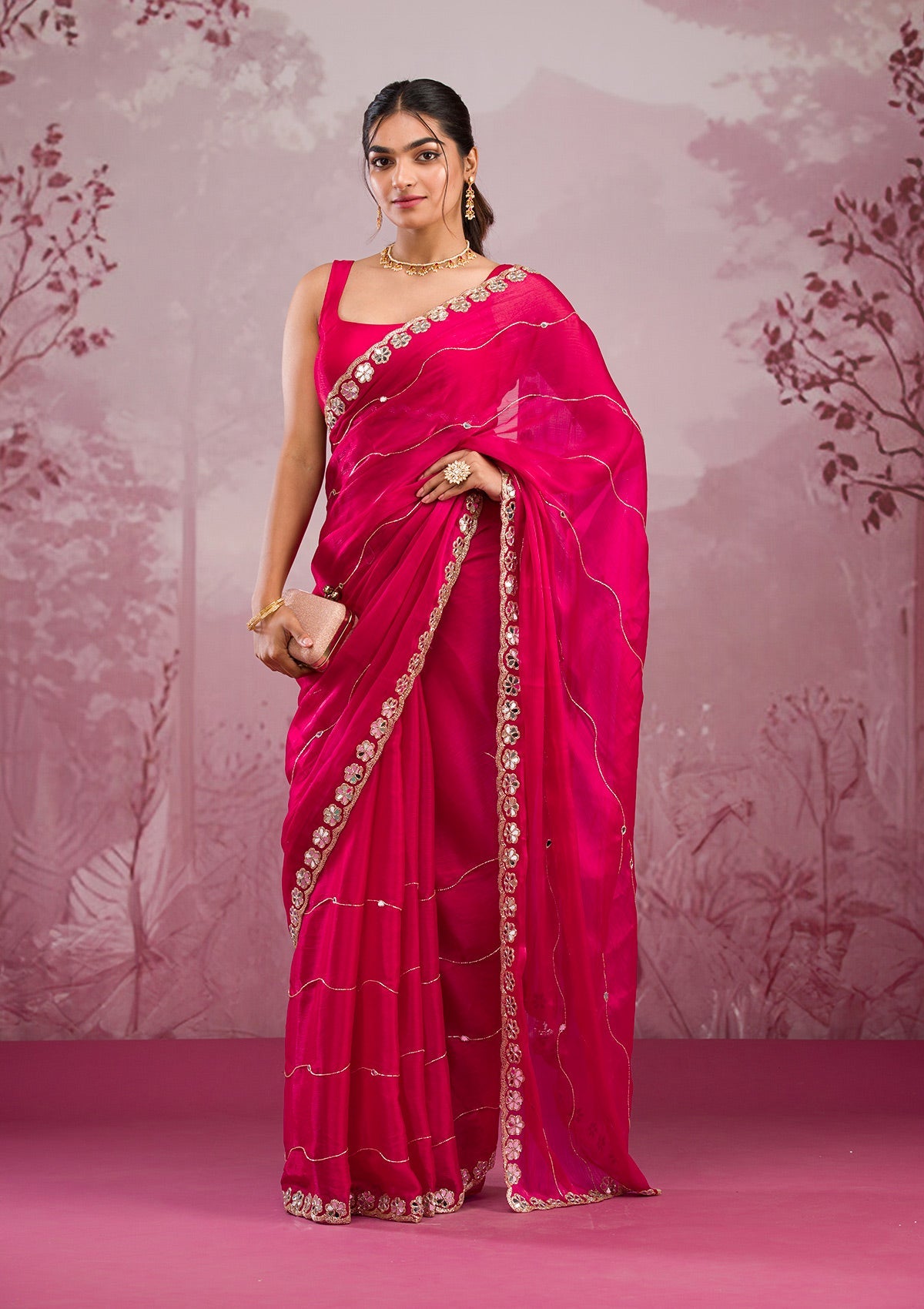 Rani Pink Mirrorwork Georgette Saree