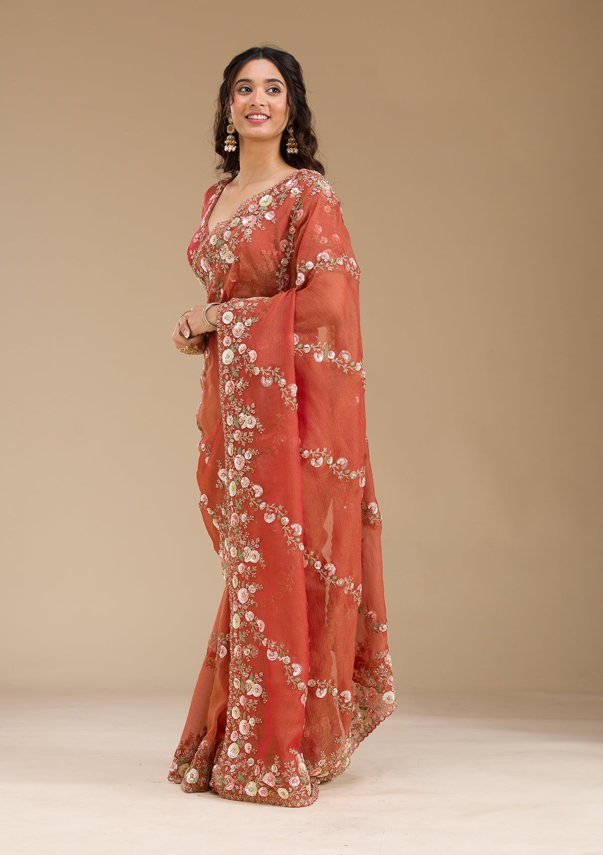 Rust Sequins Tissue Saree