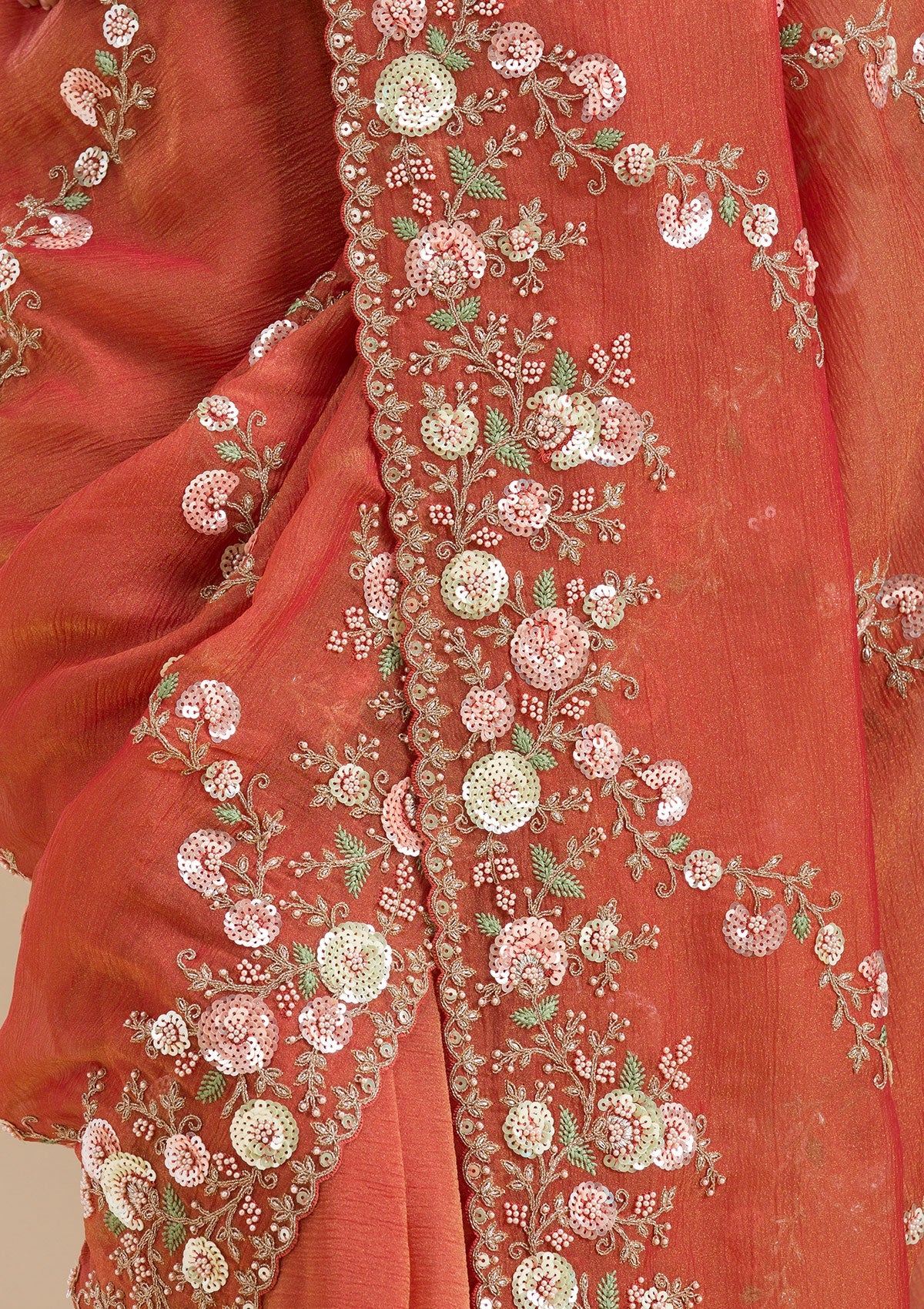 Rust Sequins Tissue Saree