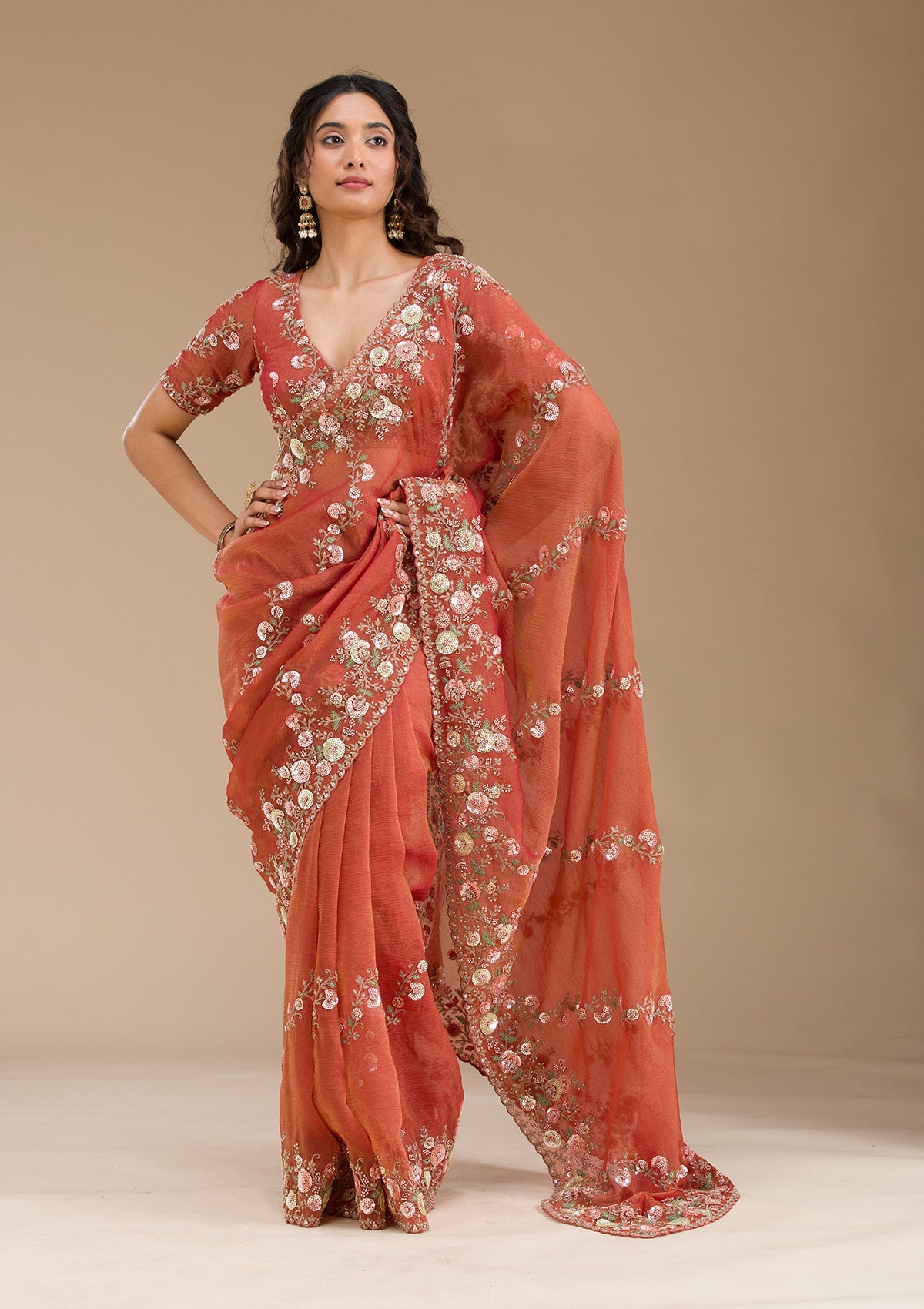 Rust Sequins Tissue Saree