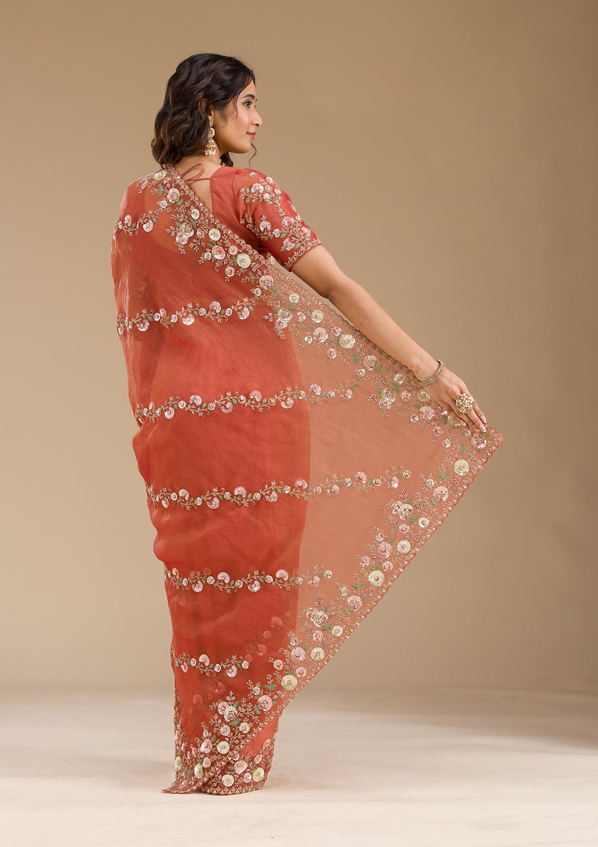 Rust Sequins Tissue Saree
