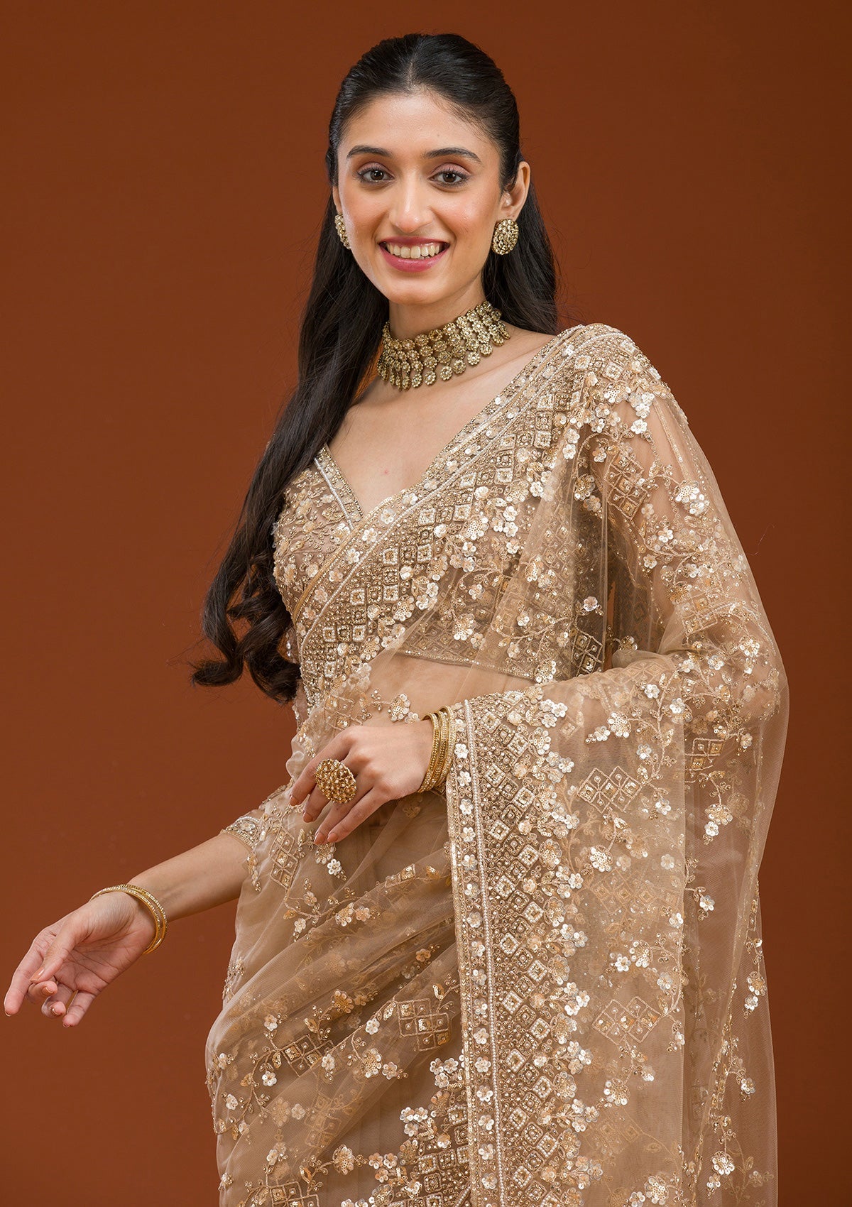 Beige Sequins Net Saree