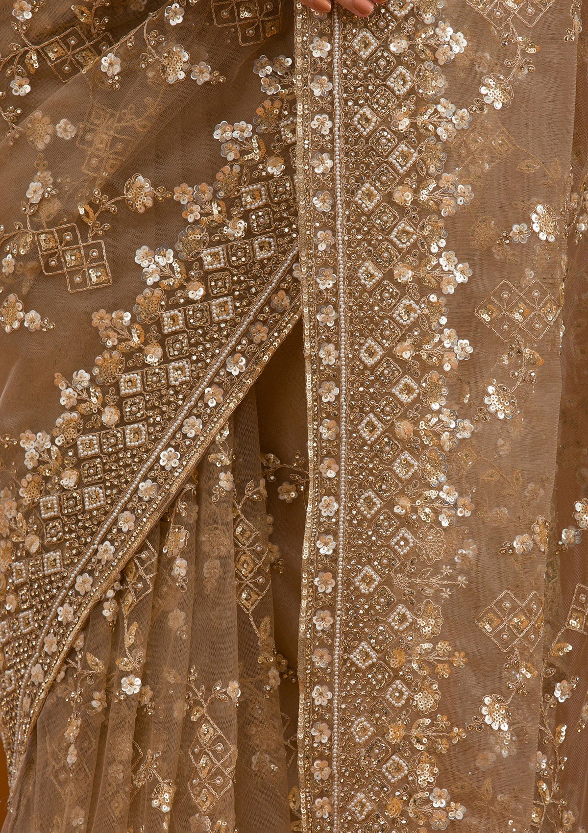 Beige Sequins Net Saree