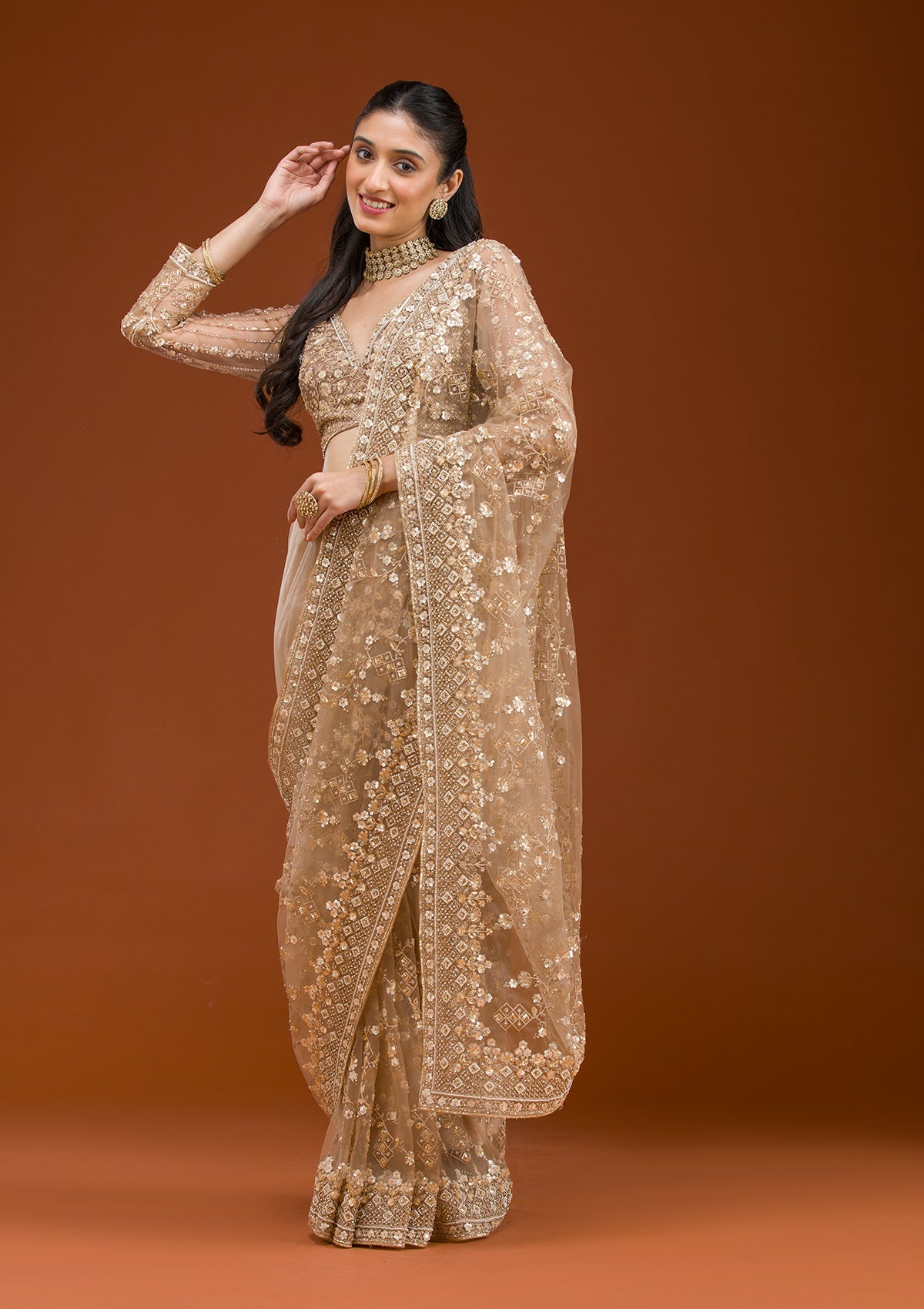 Beige Sequins Net Saree