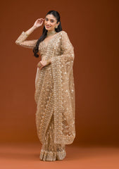 Beige Sequins Net Saree