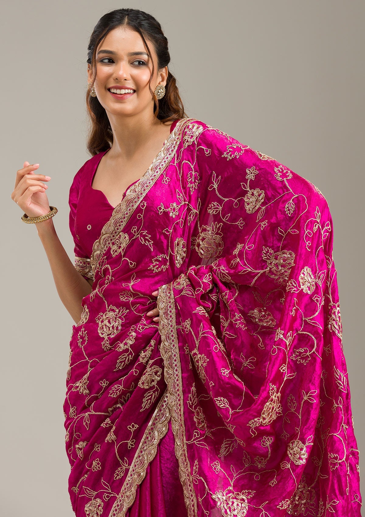 Magenta Pink Cording Chinon Saree