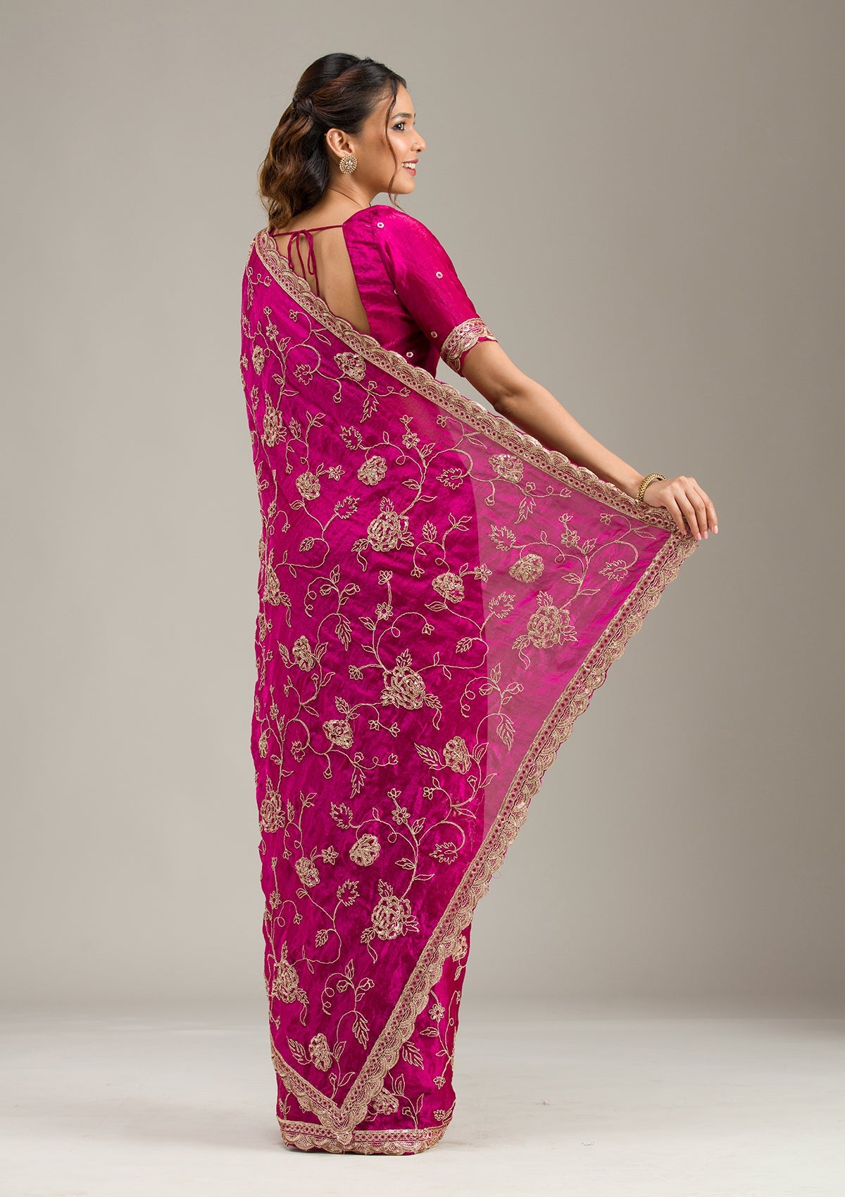Magenta Pink Cording Chinon Saree
