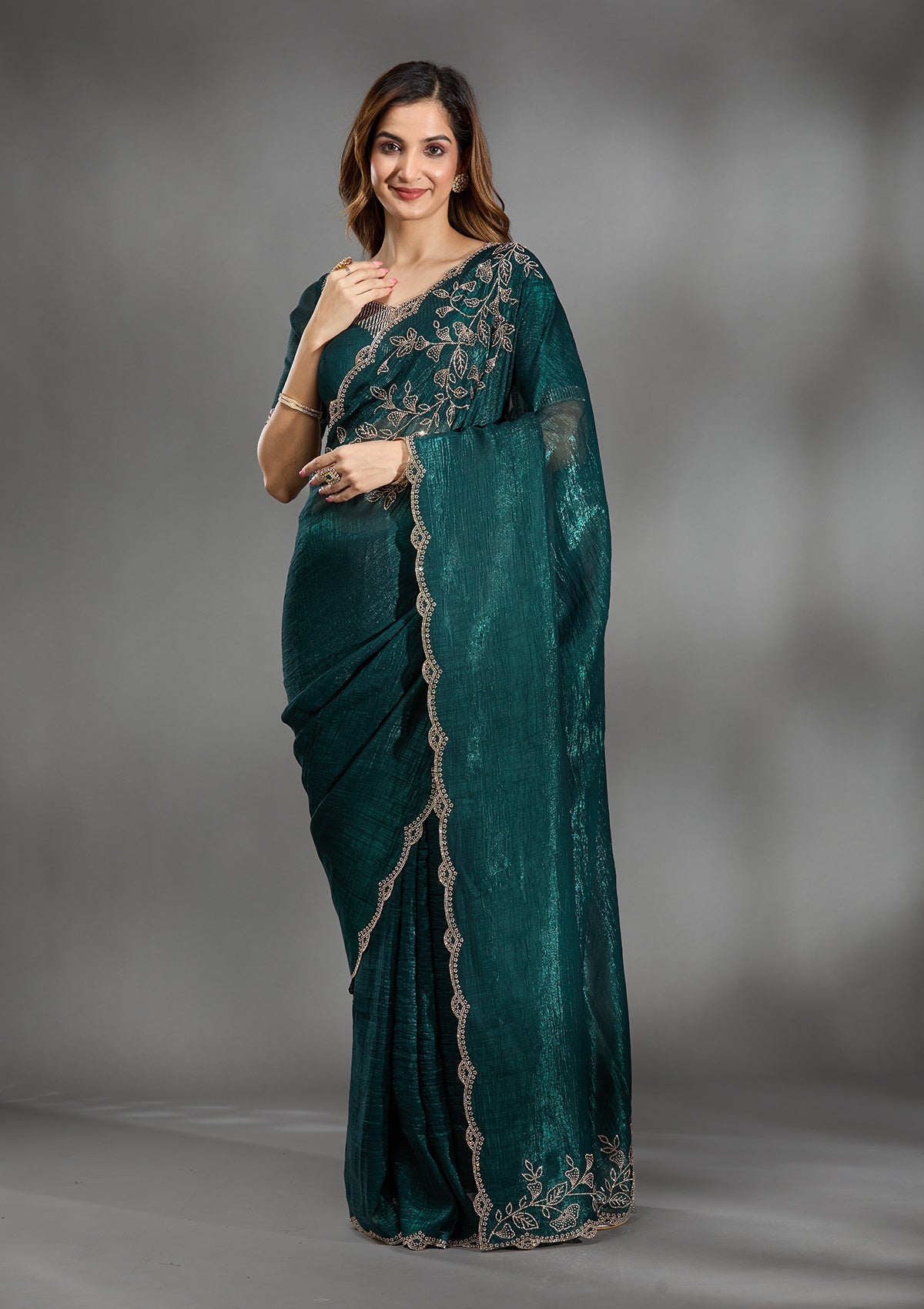 Teal Green Stonework (Gold) Georgette Saree
