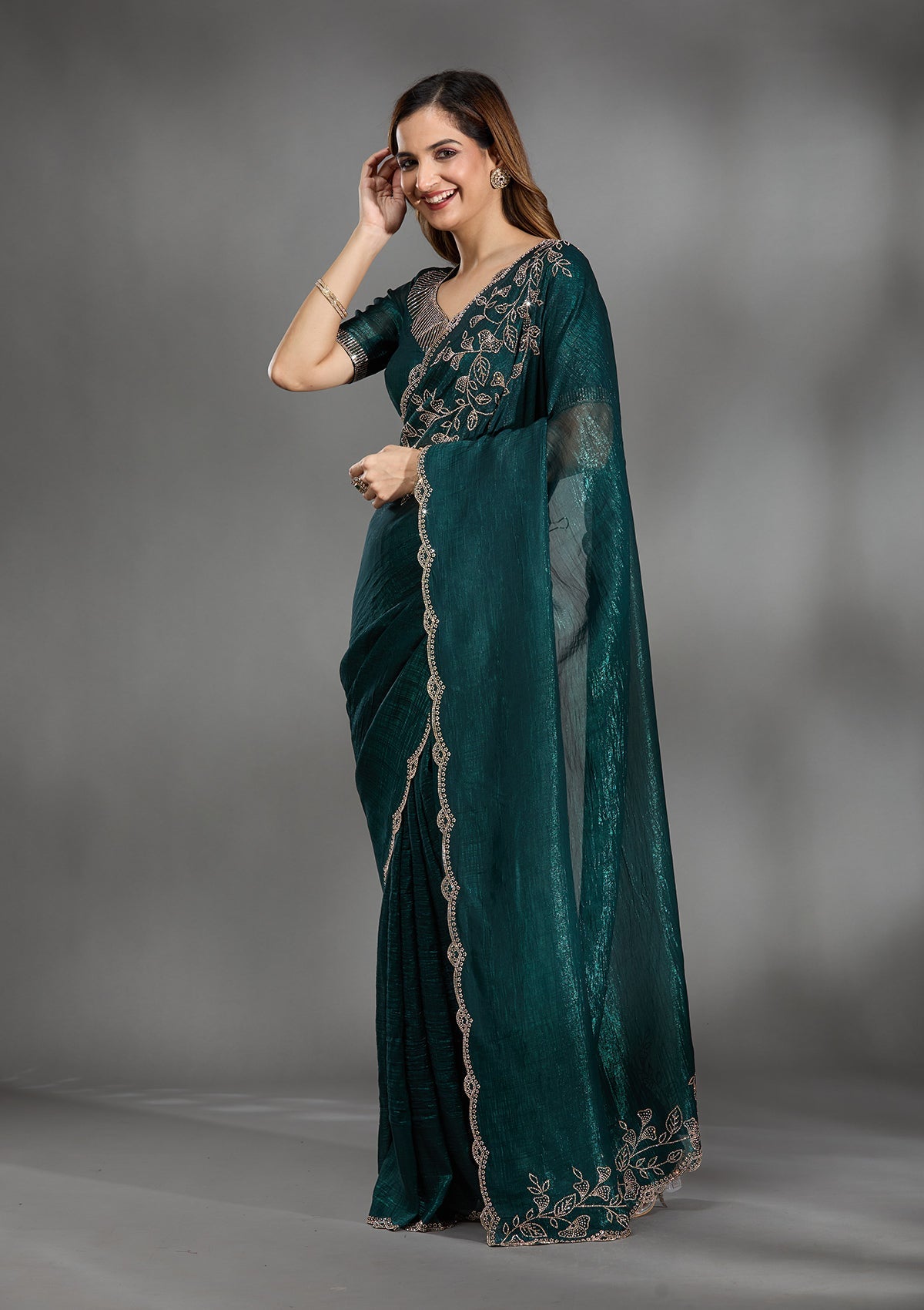 Teal Green Stonework (Gold) Georgette Saree