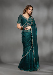 Teal Green Stonework (Gold) Georgette Saree