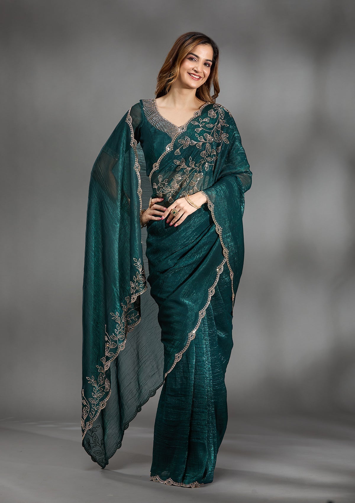 Teal Green Stonework (Gold) Georgette Saree