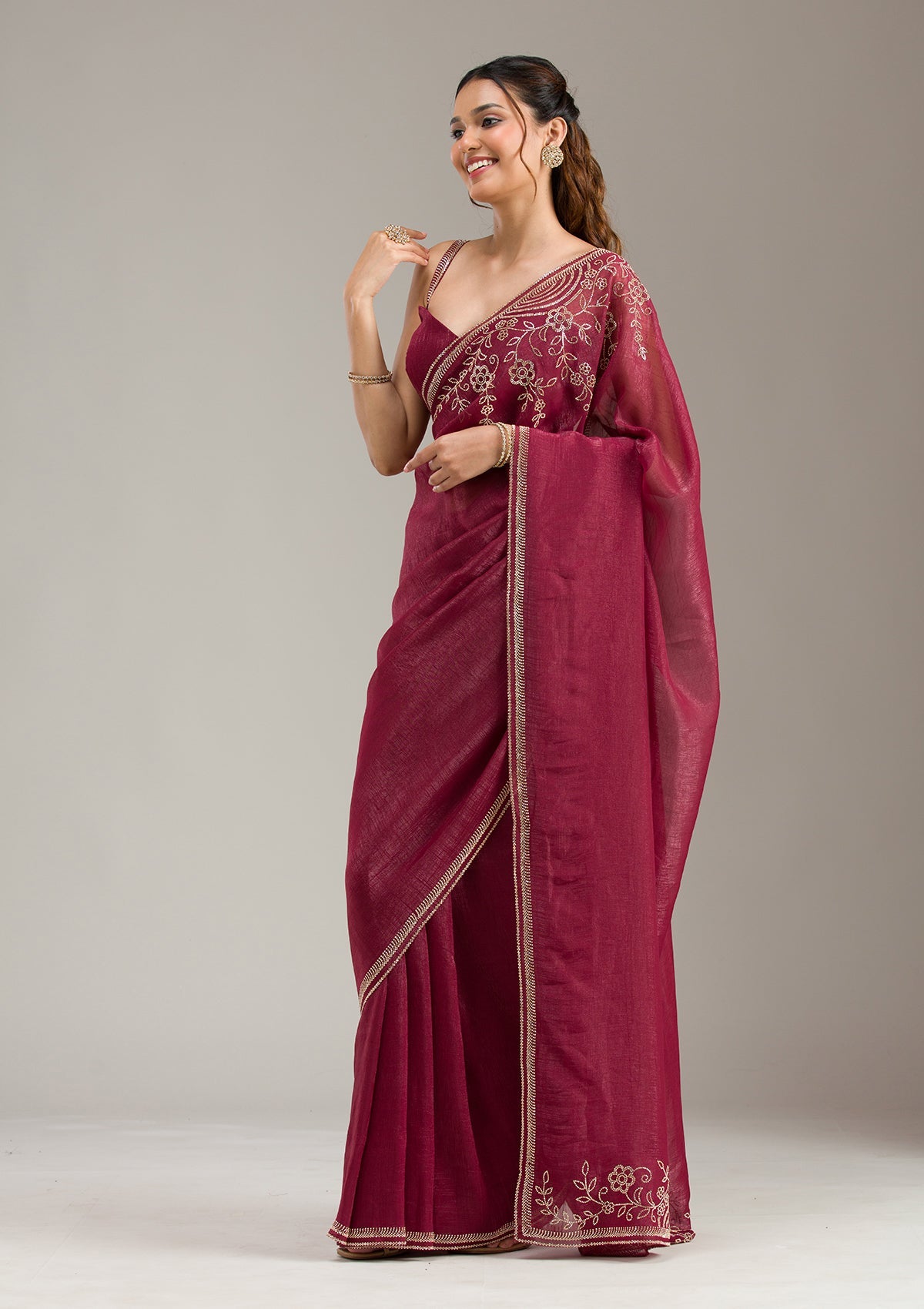 Maroon Stonework (Gold) Tissue Saree