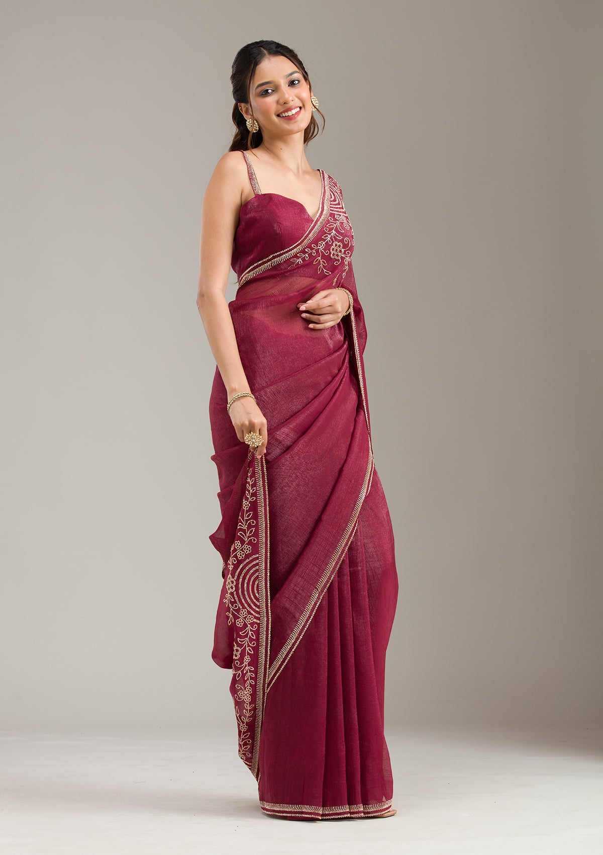 Maroon Stonework (Gold) Tissue Saree