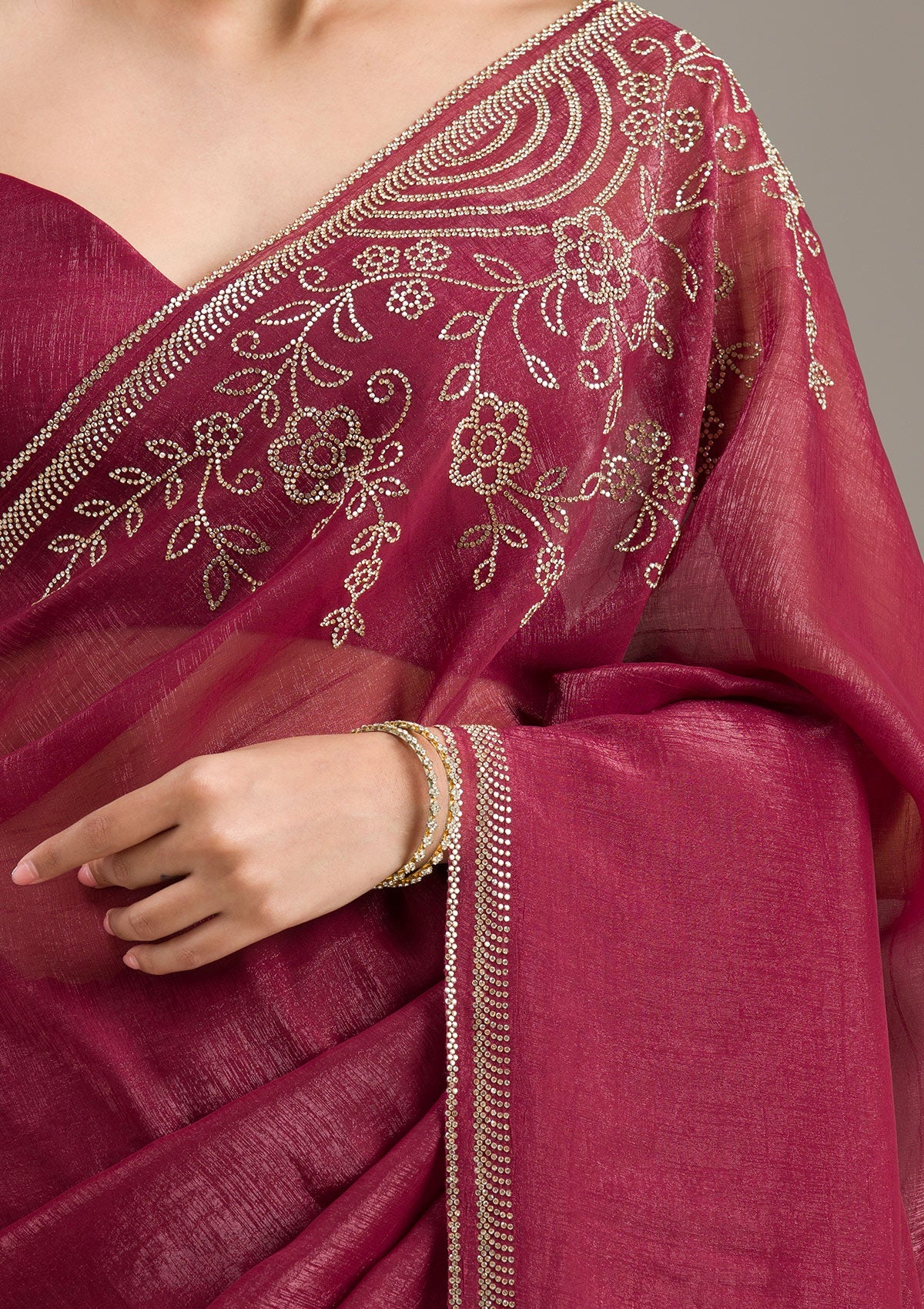 Maroon Stonework (Gold) Tissue Saree