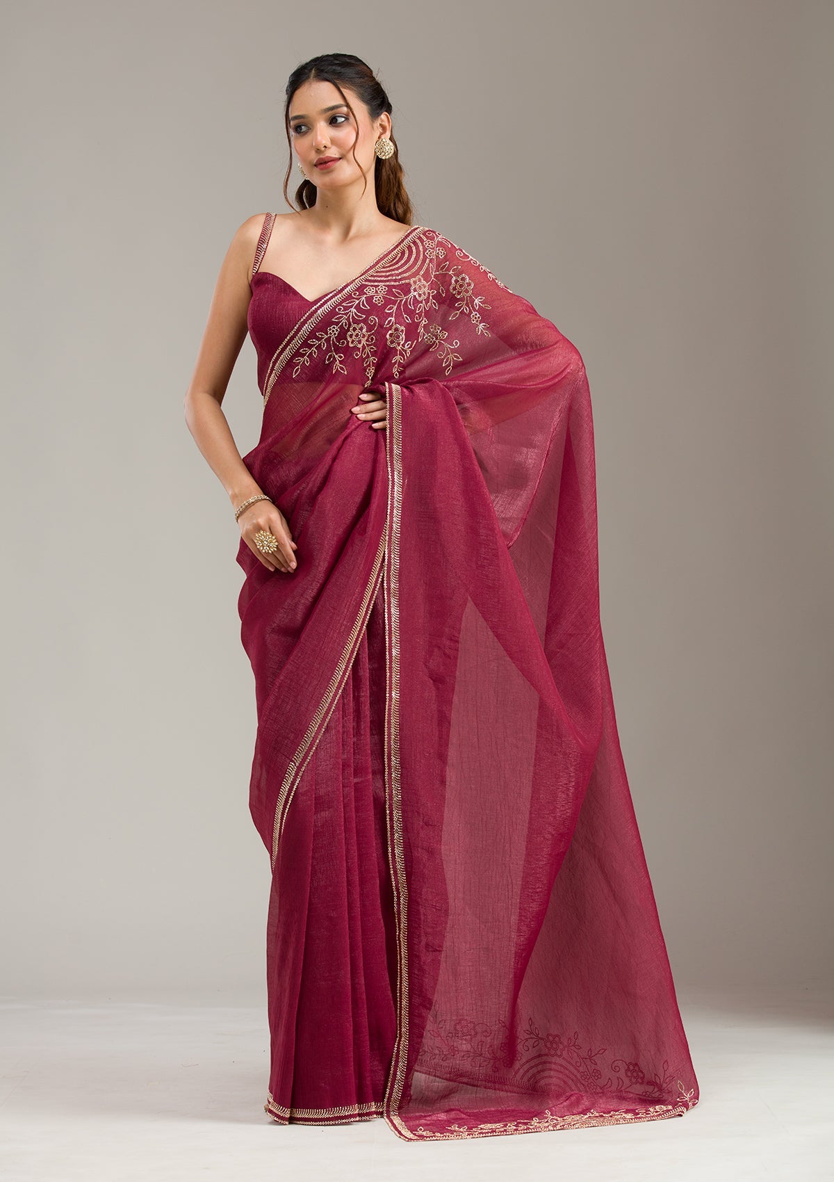 Maroon Stonework (Gold) Tissue Saree