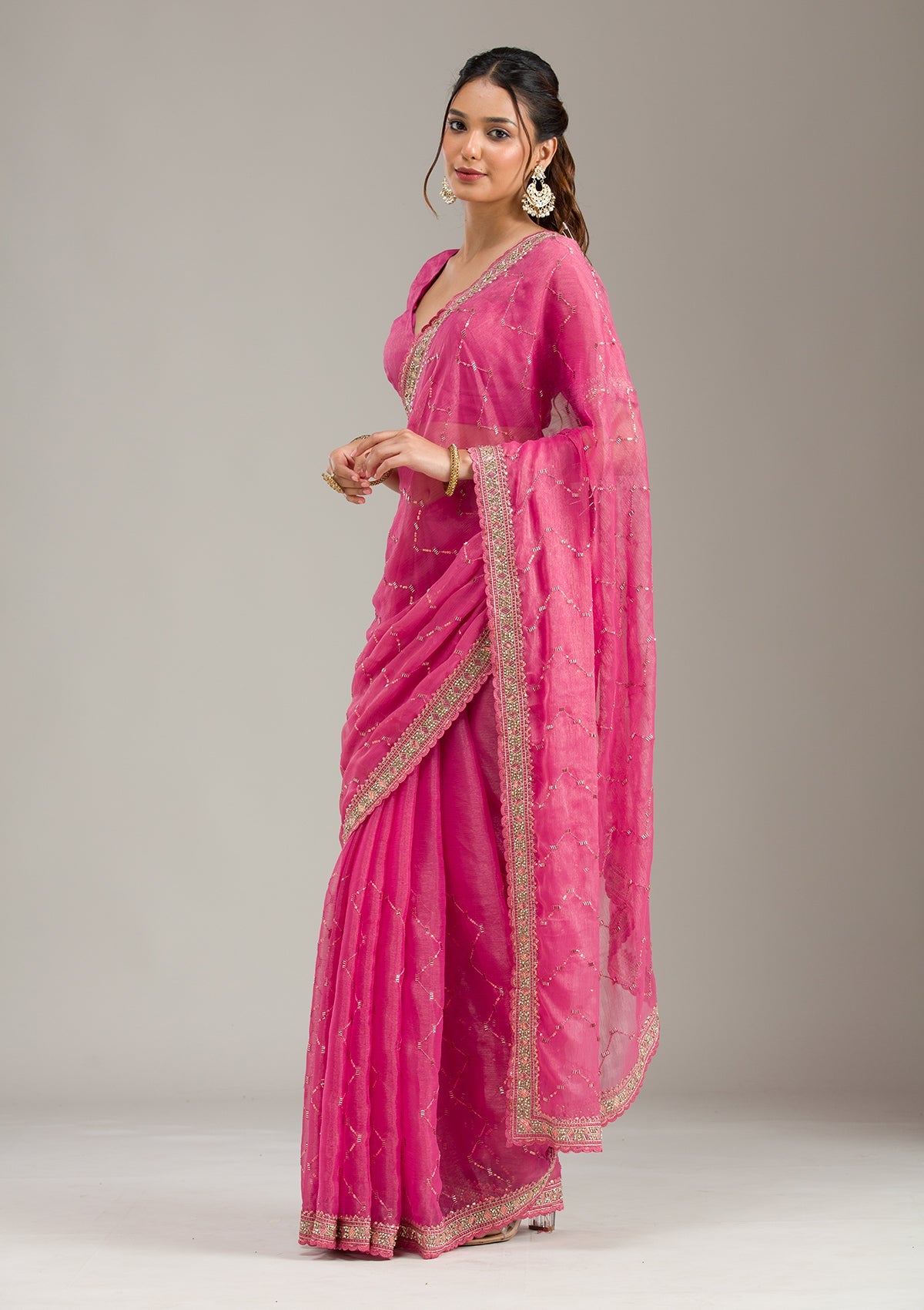 Pink Stonework (Gold) Tissue Saree