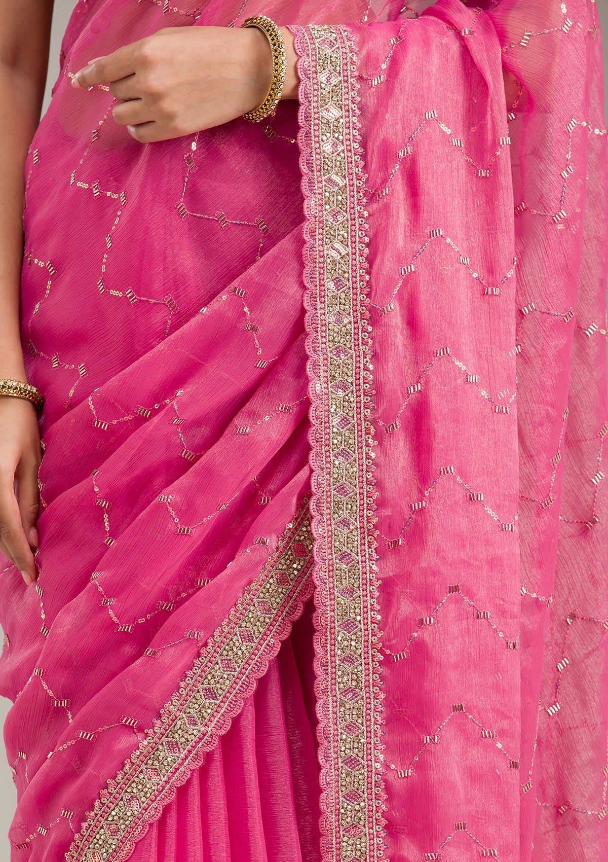 Pink Stonework (Gold) Tissue Saree