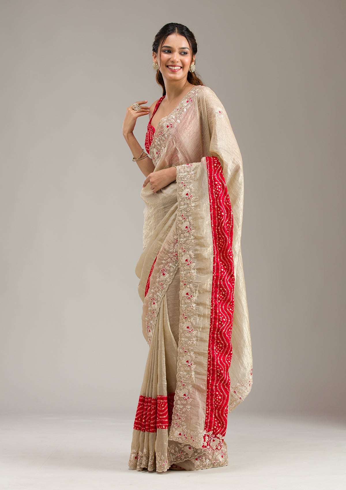 Beige Zariwork (Gold) Organza Saree