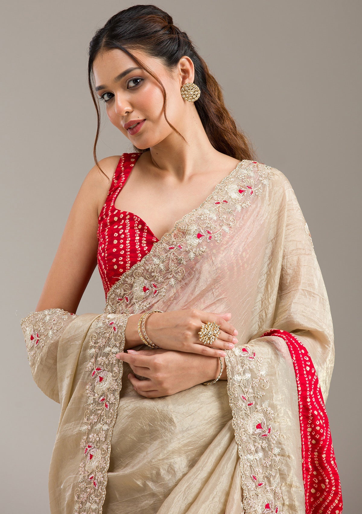 Beige Zariwork (Gold) Organza Saree