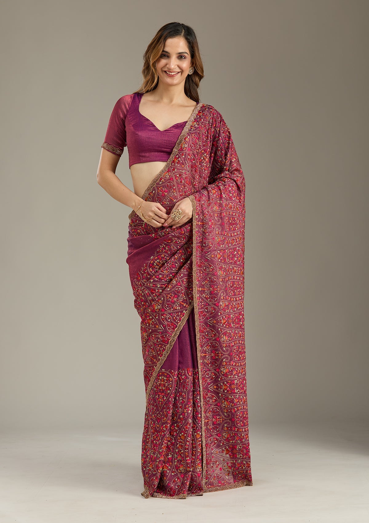 Wine Kashmiri Tissue Saree