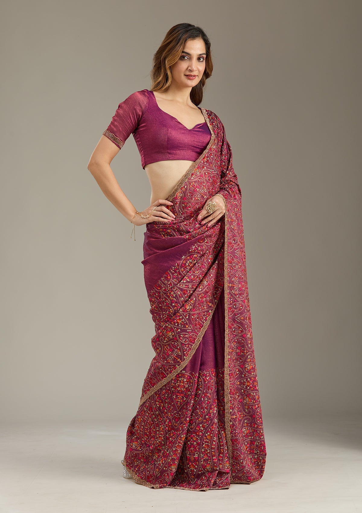 Wine Kashmiri Tissue Saree