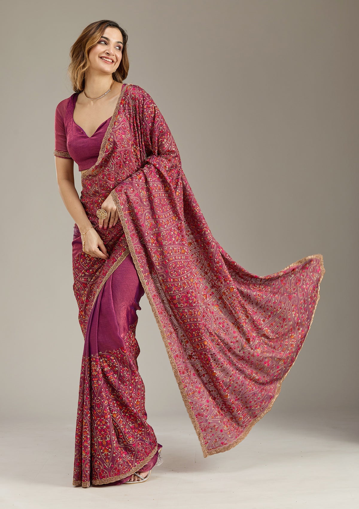 Wine Kashmiri Tissue Saree