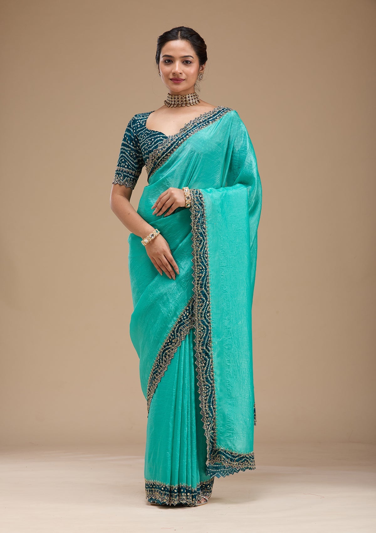Sea Green Printed Satin Saree