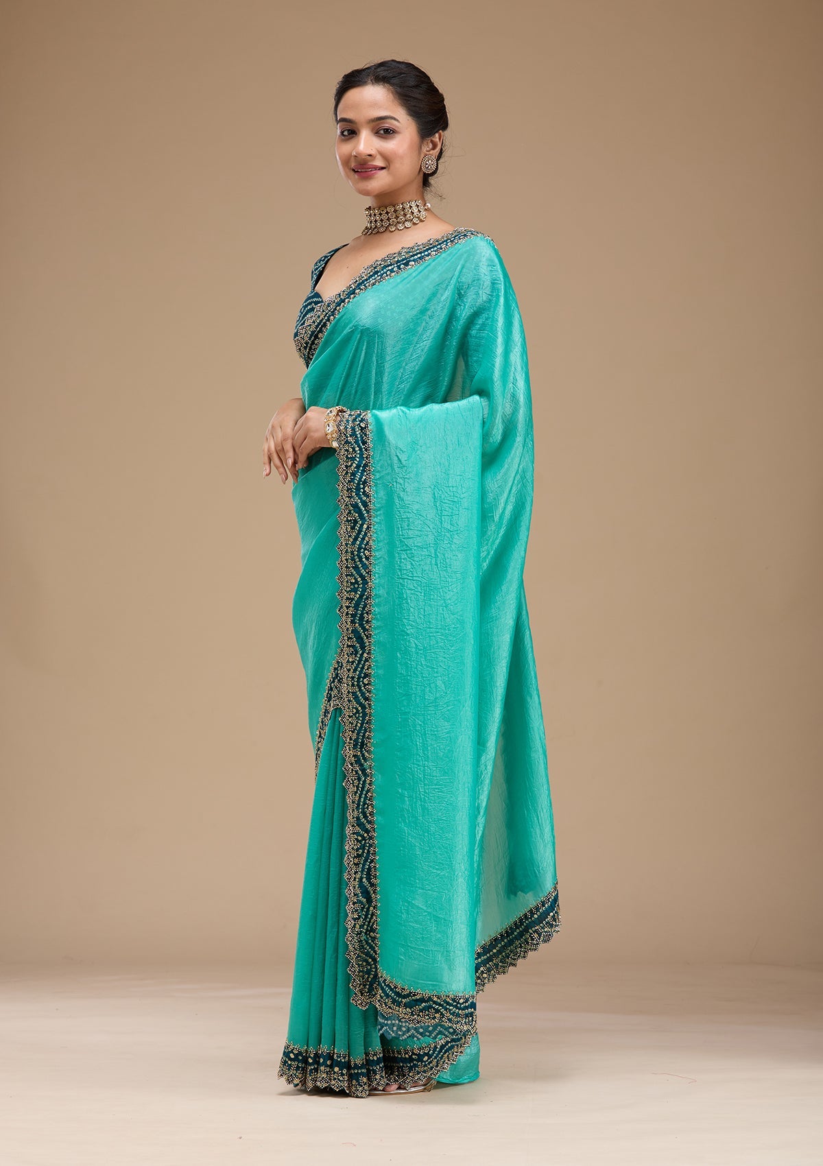 Sea Green Printed Satin Saree