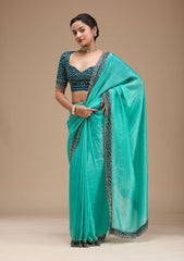 Sea Green Printed Satin Saree
