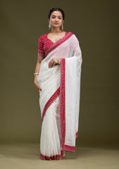 White Printed Satin Saree