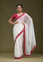 White Printed Satin Saree