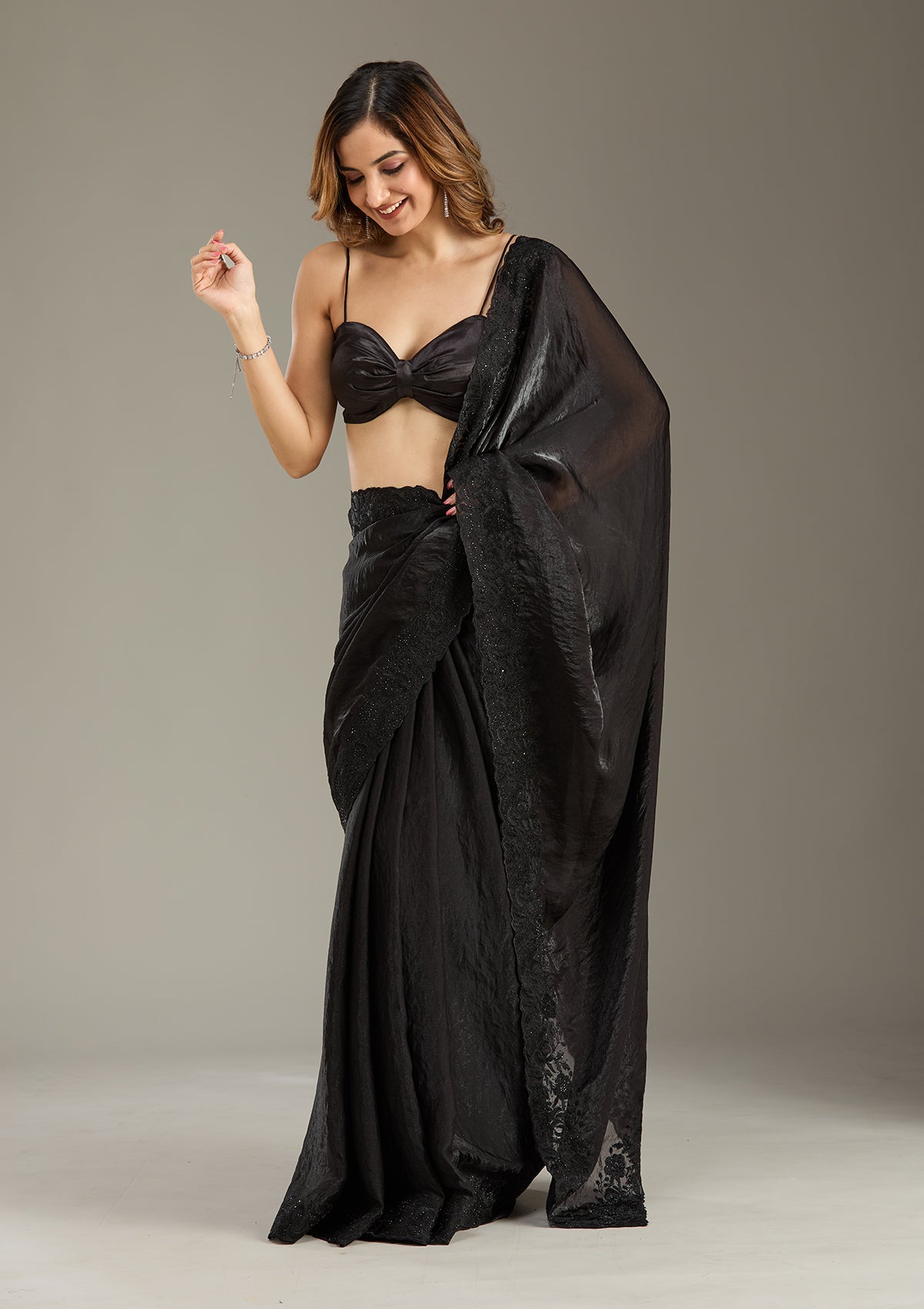 Black Threadwork Tissue Saree