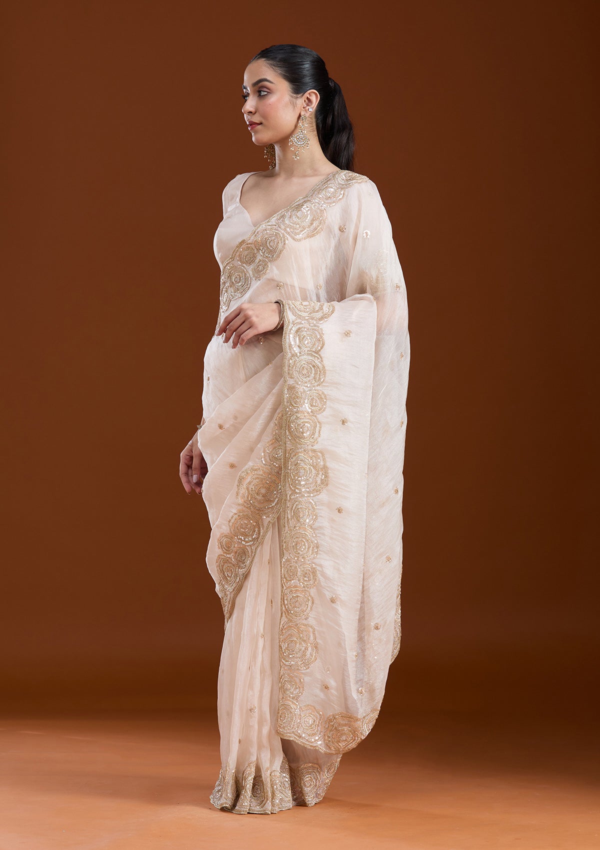Light Peach Sequins Tissue Saree