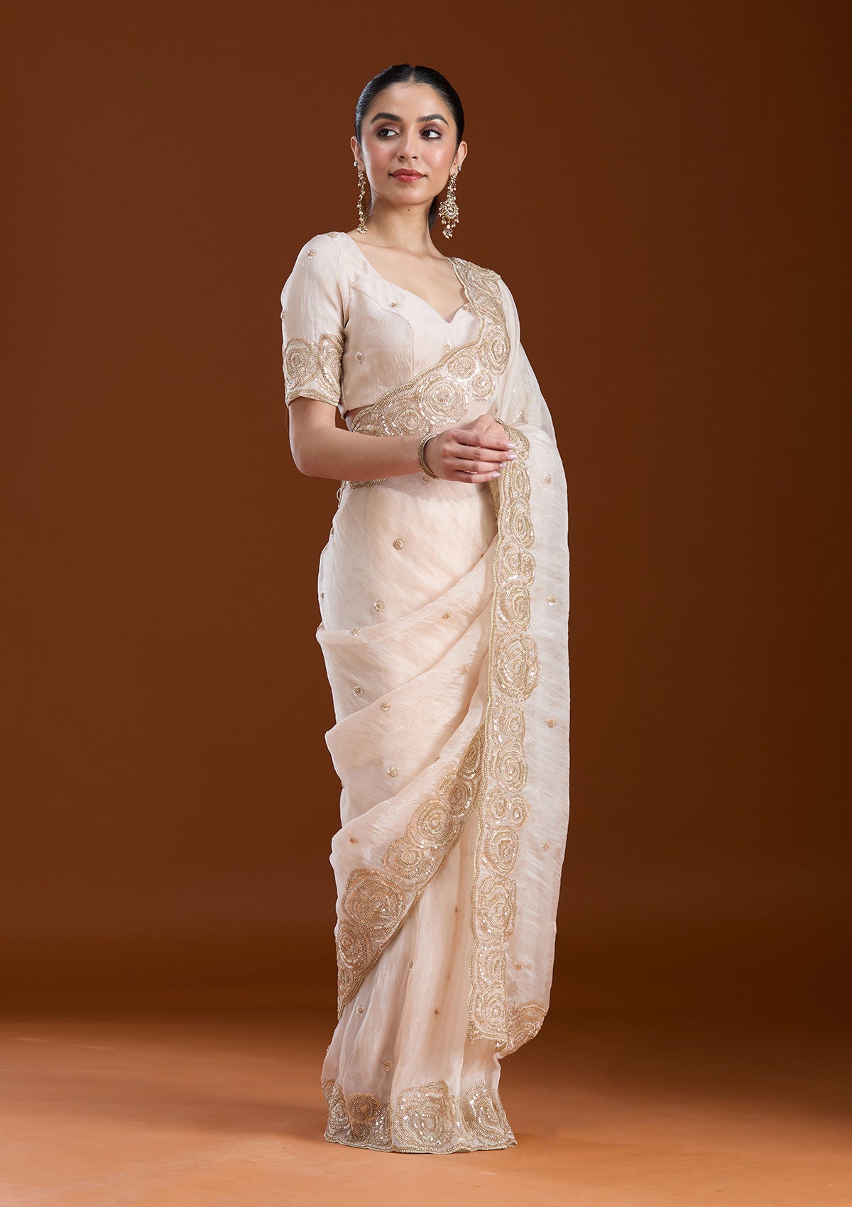 Light Peach Sequins Tissue Saree