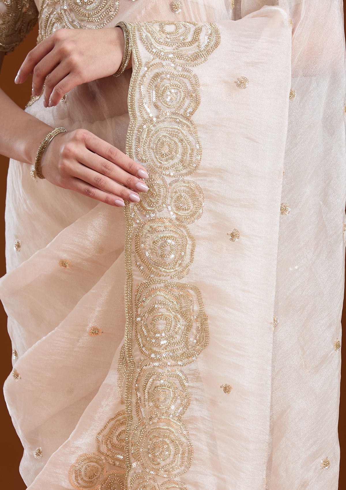 Light Peach Sequins Tissue Saree